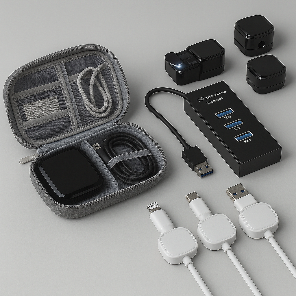 Collection of electronic accessories including a USB hub, cables, and a case on a light gray background