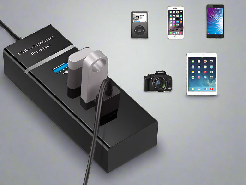 USB hub with multiple devices connected on a light gray background