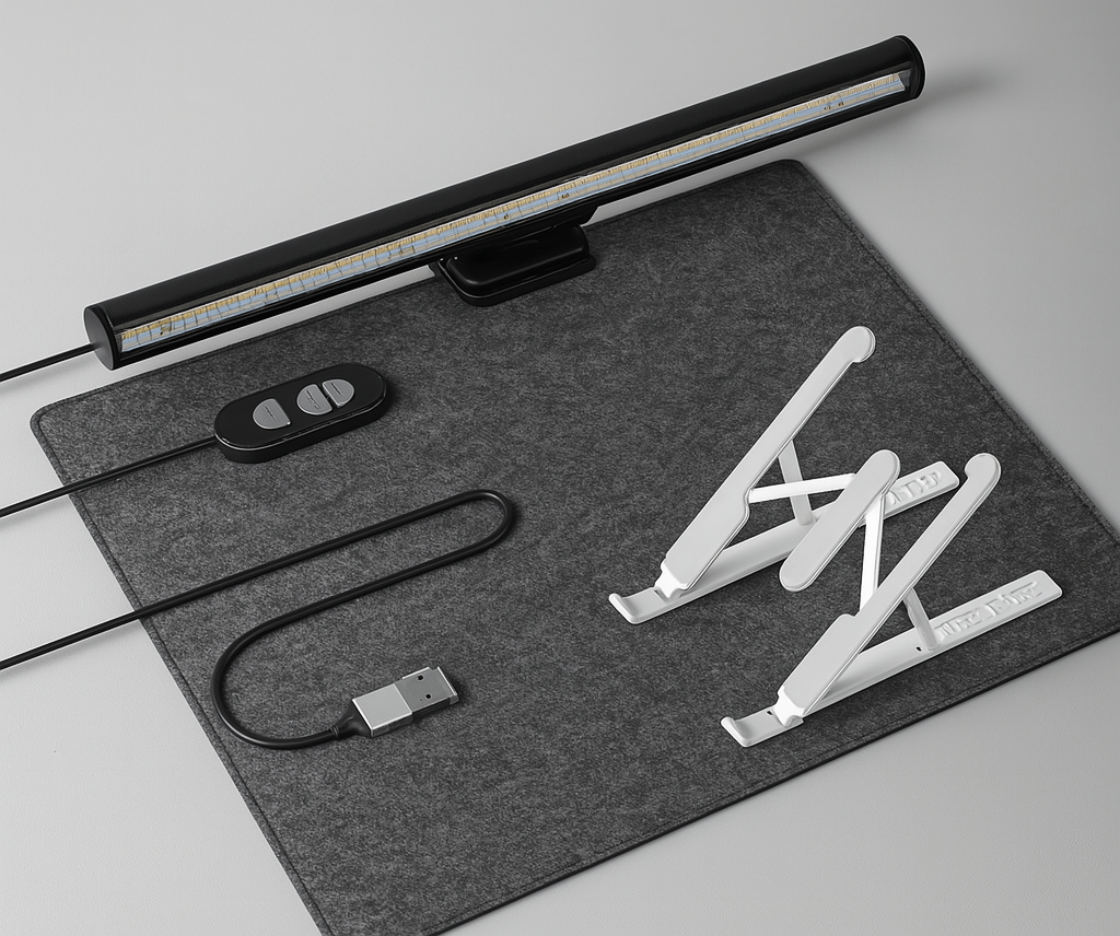 TechOrganized Desk Pro Bundle with desk lamp, stand, and cable on a gray surface.