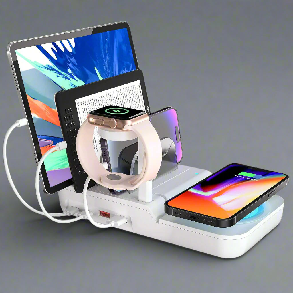 Multi-device charging station with tablet, smartphone, and smartwatch on a gray background