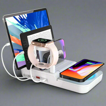 Multi-device charging station with tablet, smartphone, and smartwatch on a gray background