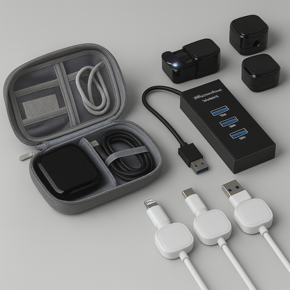 Collection of electronic accessories including a USB hub, cables, and a case on a light gray background