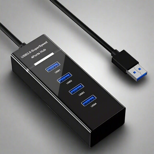 4-port USB 3.0 hub with cable on a white background