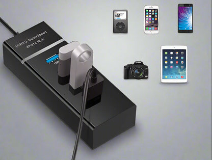 USB hub with multiple devices connected on a light gray background