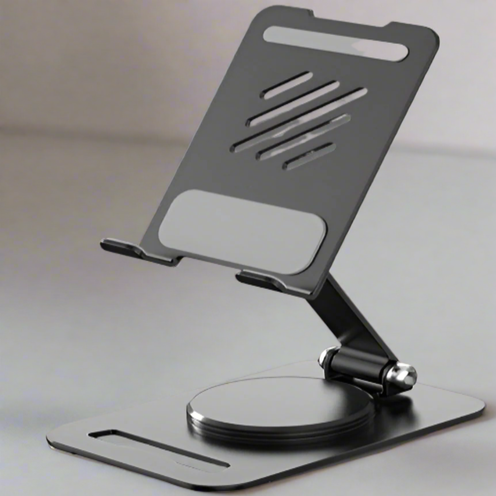 Black adjustable phone stand on a light gray background