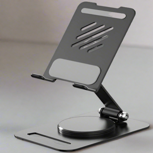 Black adjustable phone stand on a light gray background