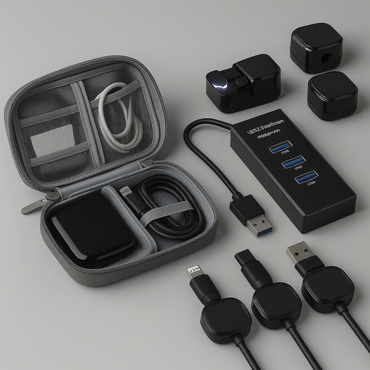 Collection of electronic accessories including a USB hub, cables, and a case on a gray background