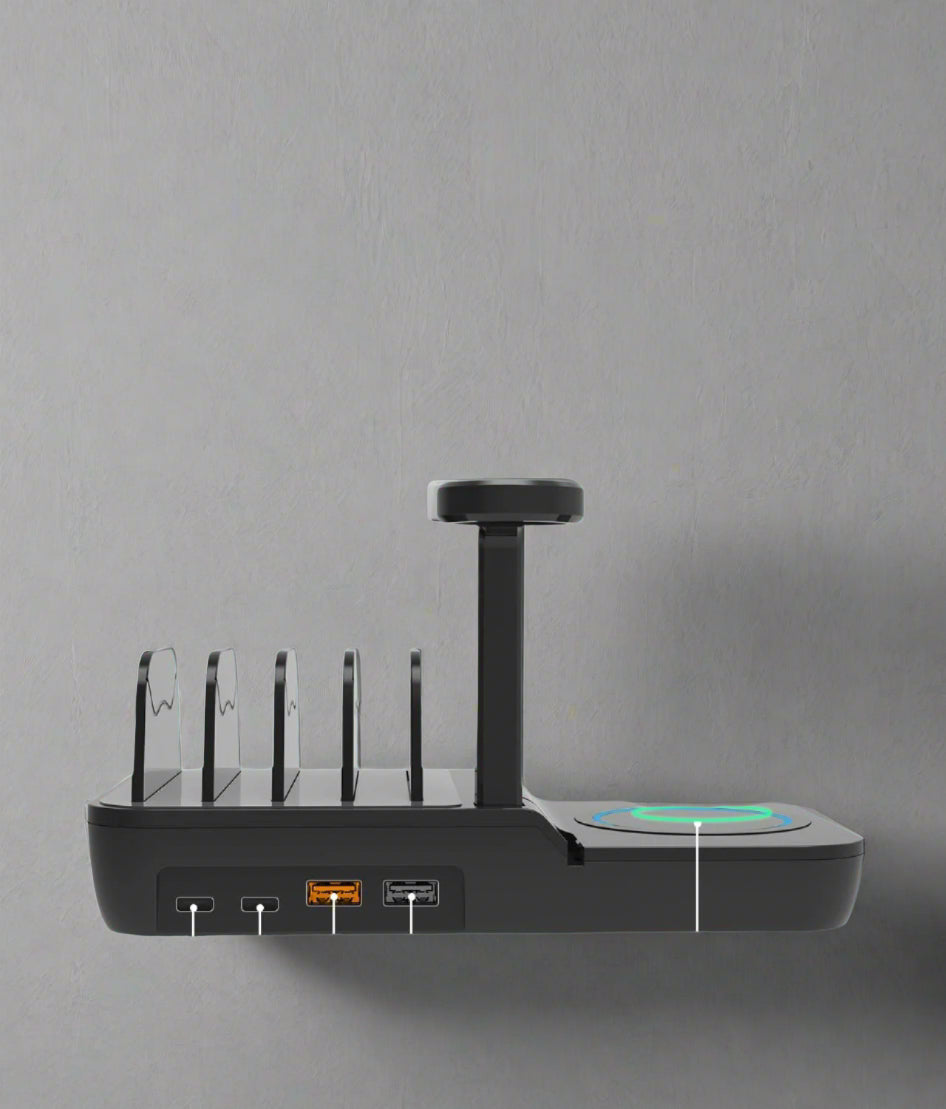 Black electronic device with multiple ports on a gray background