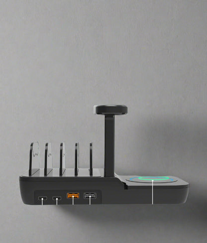 Black electronic device with multiple ports on a gray background