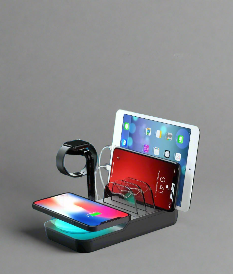 Multifunctional charging station with compatibility list on a blue background