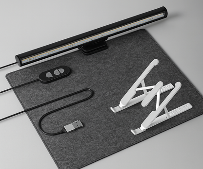 TechOrganized Desk Pro Bundle with desk lamp, stand, and cable on a gray surface.