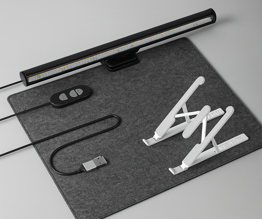 TechOrganized Desk Pro Bundle with desk lamp, stand, and cable on a gray surface.