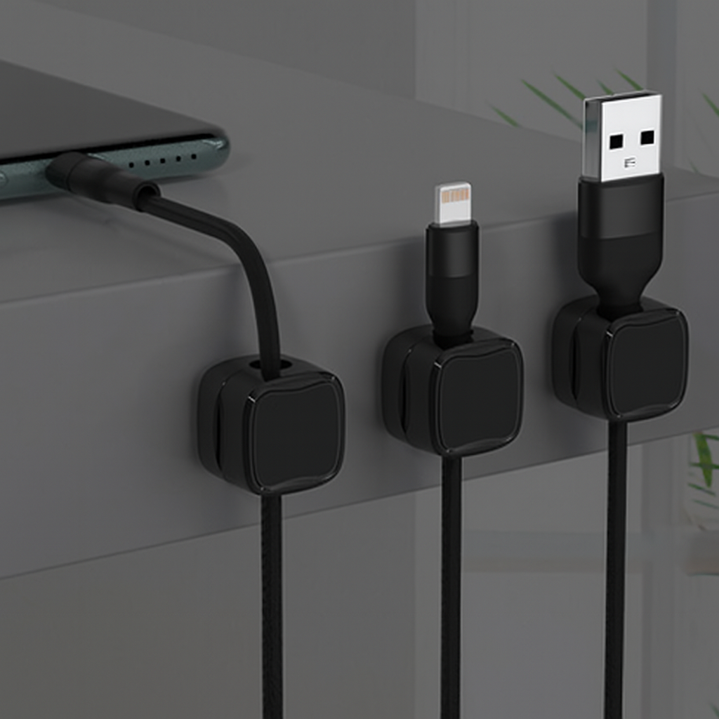 Black magnetic cable clips organizer for tech cable setup

