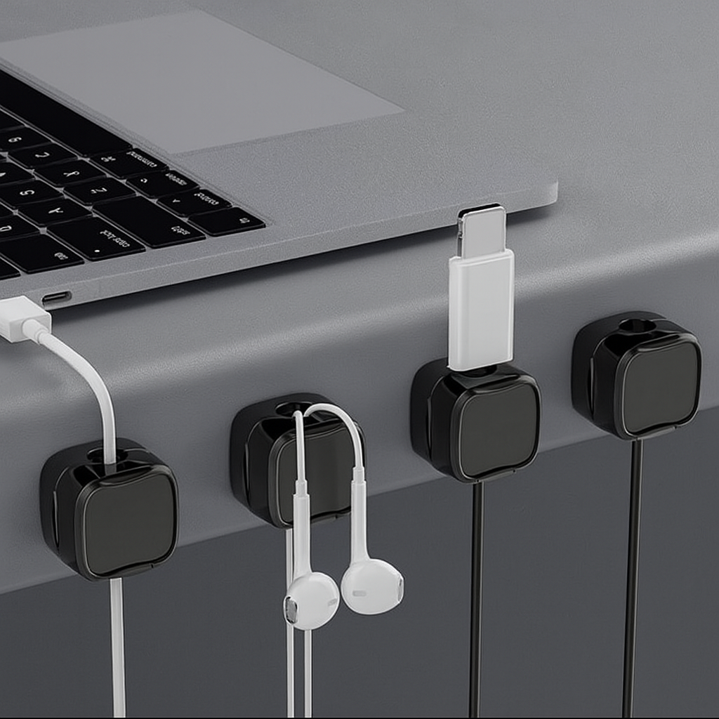 Black magnetic cable clips organizer for tech cable setup

