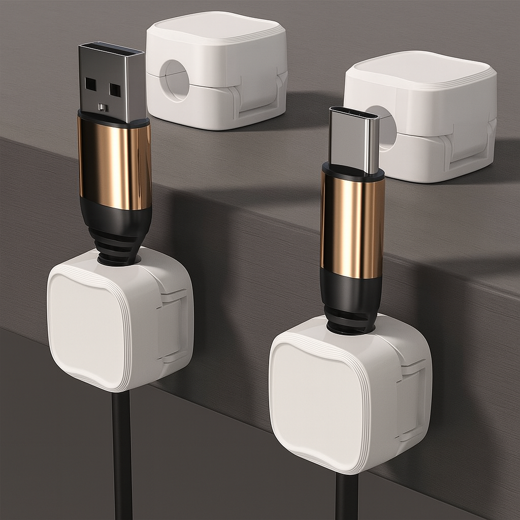 White magnetic cable clips organizer for tech cable setup

