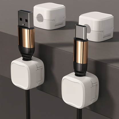 White magnetic cable clips organizer for tech cable setup

