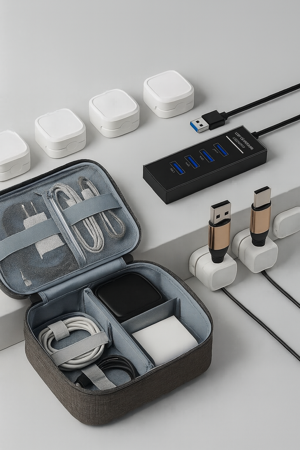 Organized set of electronic accessories including cables and a USB hub on a light gray surface.