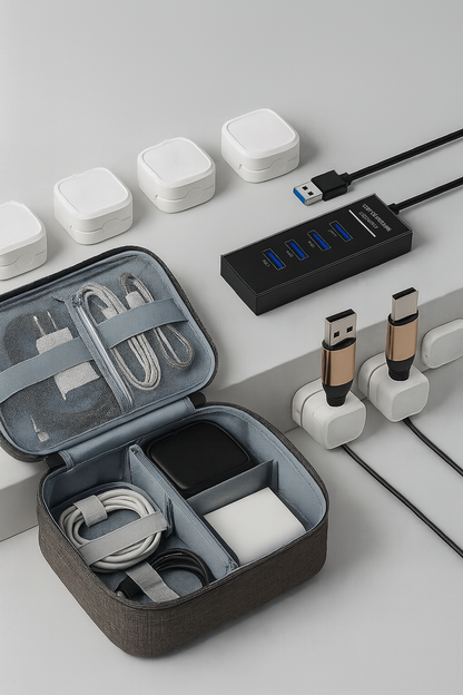 Organized set of electronic accessories including cables and a USB hub on a light gray surface.