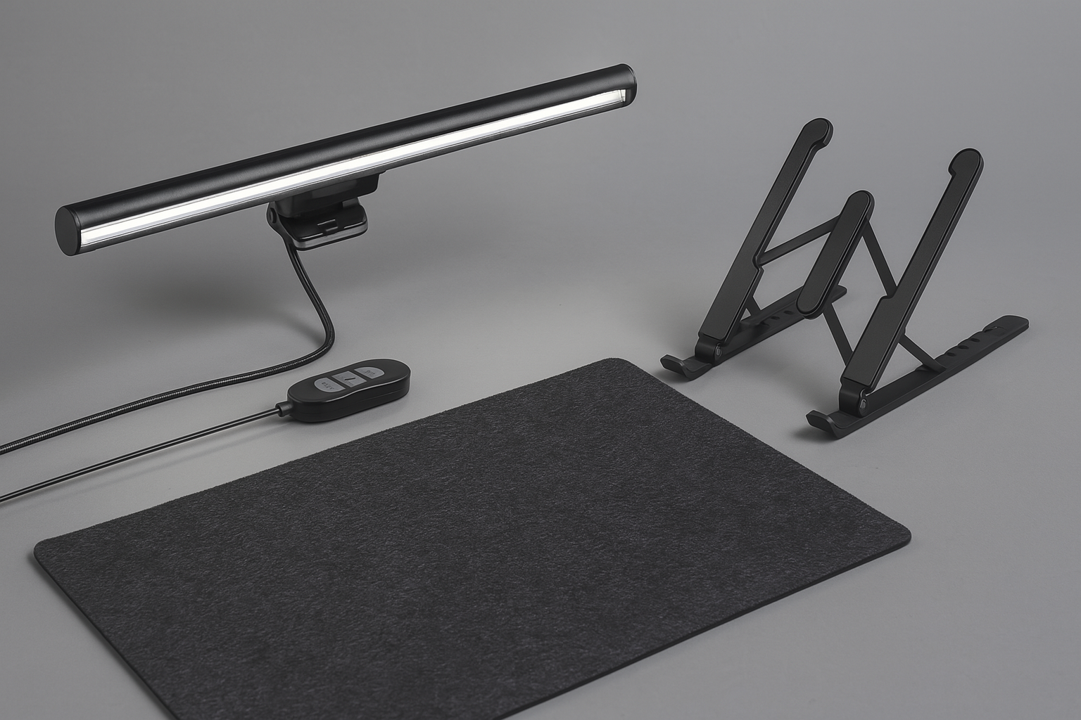 Black desk setup with a mat, lamp, and adjustable stand on a gray background