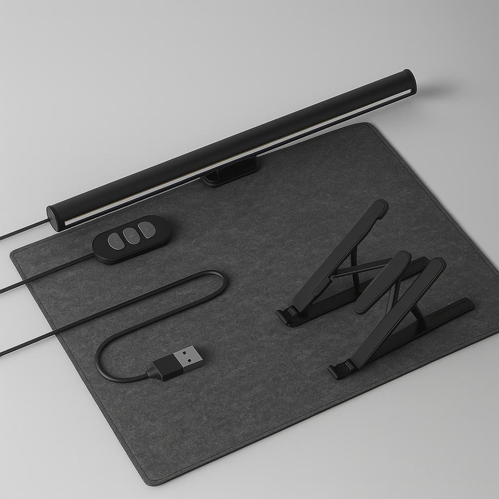 Dark gray desk mat with USB lamp, stand, and control device on a light gray background