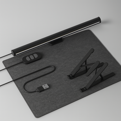 Dark gray desk mat with USB lamp, stand, and control device on a light gray background