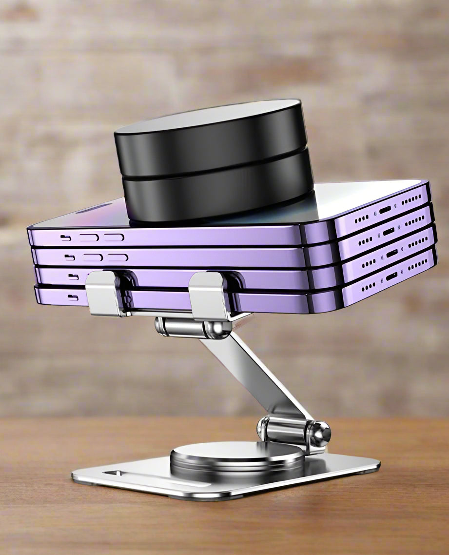 Phone holder with carbon steel construction on a table with a blurred background