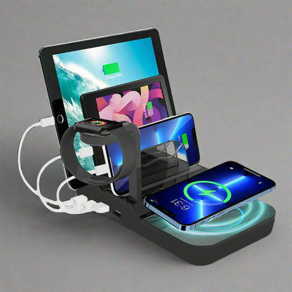 Multi-device charging station with tablet, smartphone, and watch on a gray background