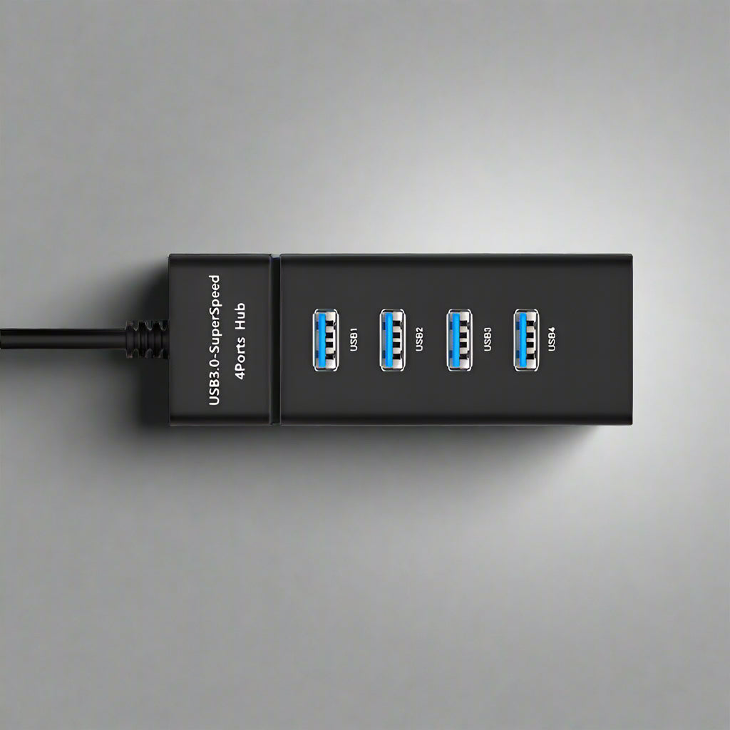 USB 3.0 hub with four ports and performance comparison text on a white background