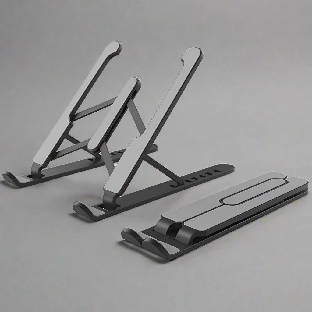 Black adjustable laptop stand on a white background