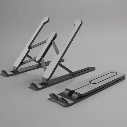 Black adjustable laptop stand on a white background